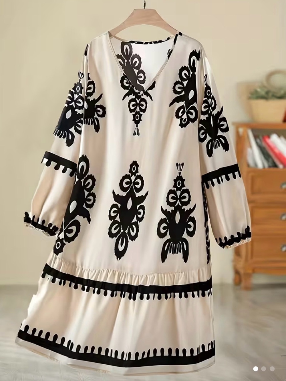 SHEIN Cream V-Neck Midi Dress with Black Floral Print